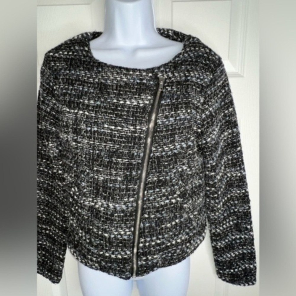 Contempo Casuals Women’s Medium Black Tweed Knit Zip Sweater Moto Jacket